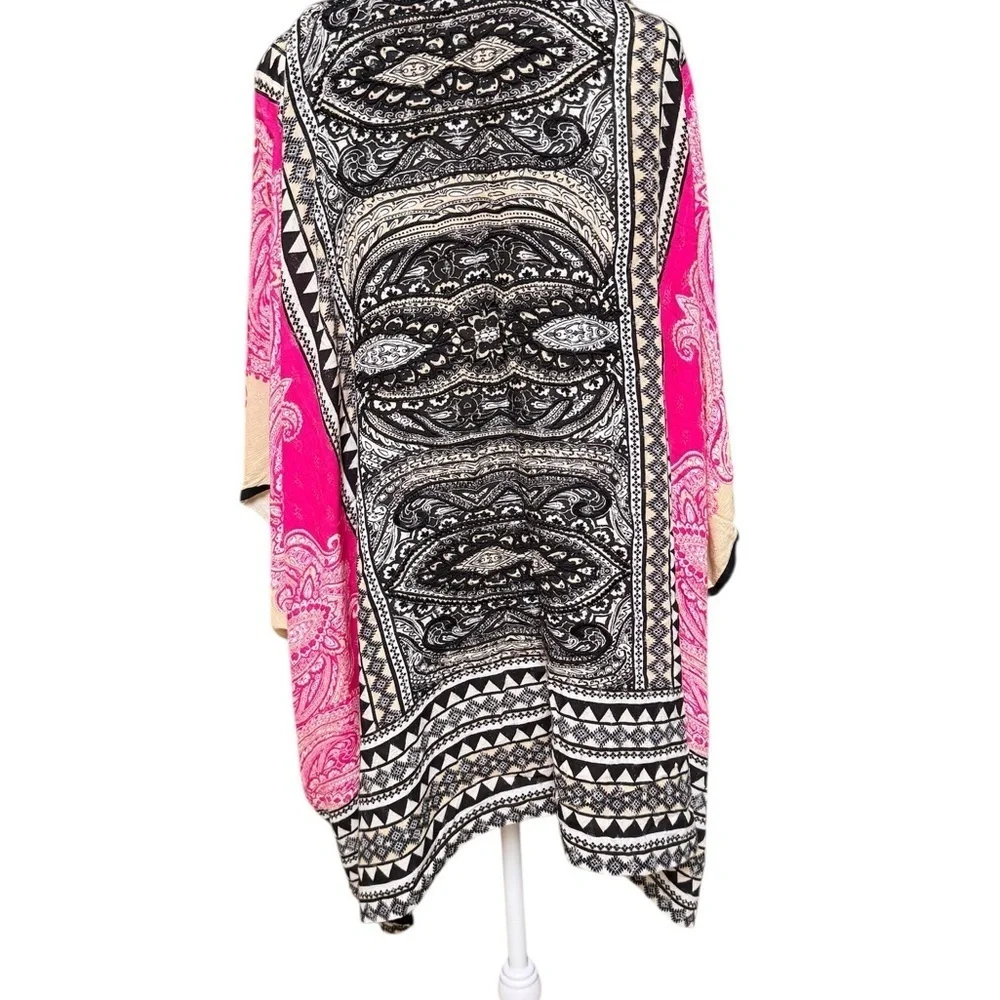 Boho Embroidered Kimono Wrap Cardigan – Black Pink Paisley Tribal Print One size